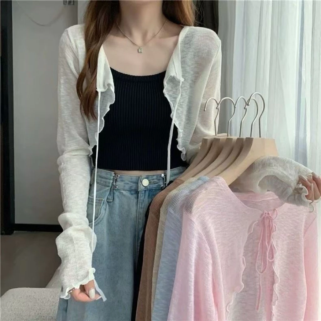 🌸 เสื้อคลุมไหมพรมบาง ผูกโบว์หน้า เสื้อคลุมเกาหลี แขนยาว ฟรีไซส์ 🌸