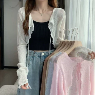 🌸 เสื้อคลุมไหมพรมบาง ผูกโบว์หน้า เสื้อคลุมเกาหลี แขนยาว ฟรีไซส์ 🌸