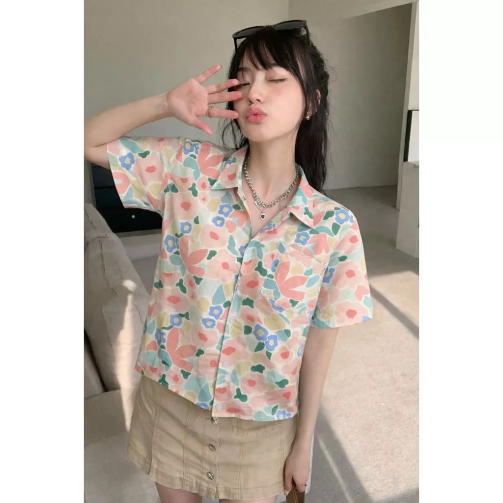 เสื้อฮาวาย ลายดอกชมพูอ่อน สีพาสเทล แขนสั้น สไตล์เกาหลี 2026 thumbnail 6