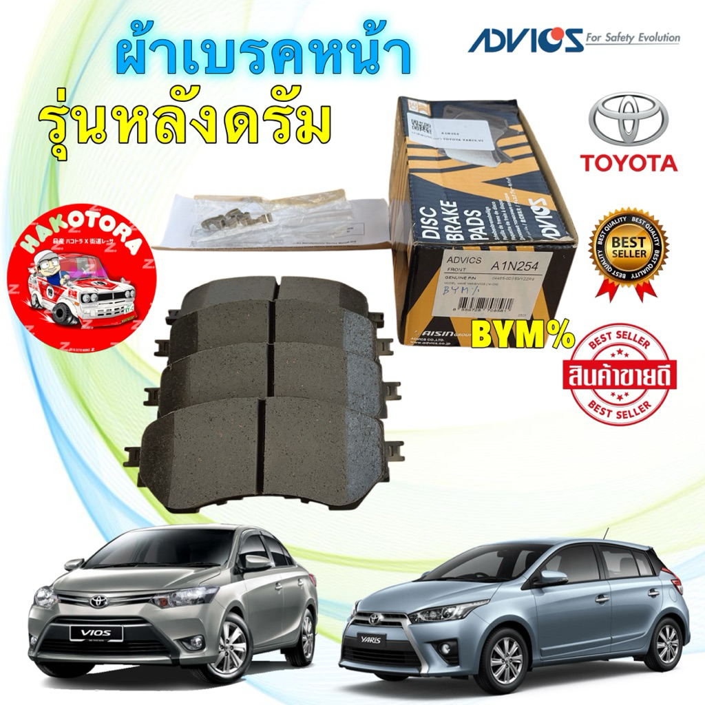 HAKO ผ้าเบรคหน้า ADVICS ผ้าเล็ก รุ่นหลังดรัม TOYOTA VIOS YARIS J E YARIS ATIV ปี 14-21 รหัส A1N254