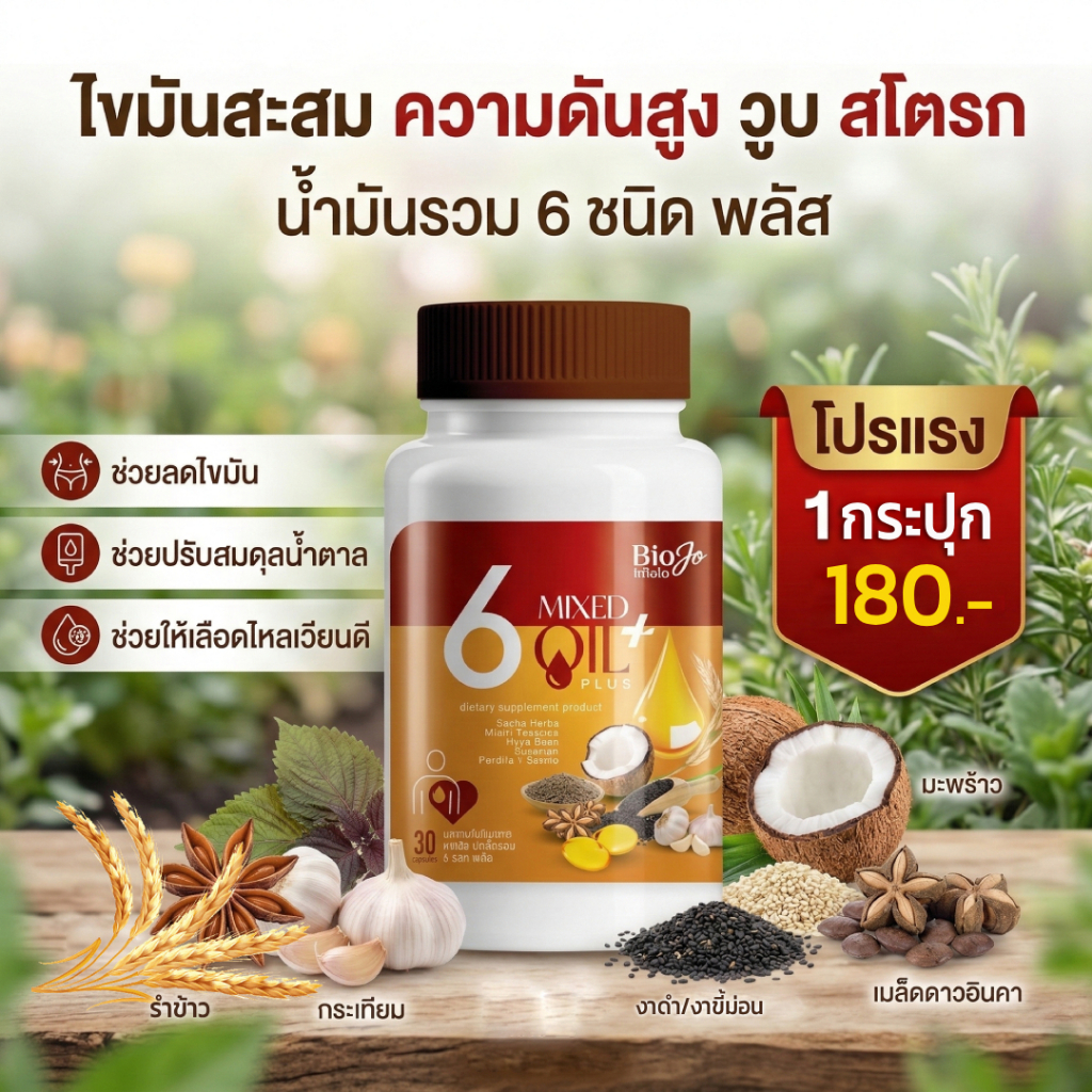 BIOJO ไบโอโจ น้ำมันรวม 6 ชนิด พลัส {1 กระปุก 30 เม็ด} ความดัน ไขมันสูง คอเลสเตอรอล ดูแลหัวใจ