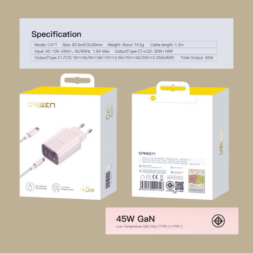 หัวชาร์จ+สาย ชาร์จเร็ว 45W Orsen C41T (TypeC-Type C)