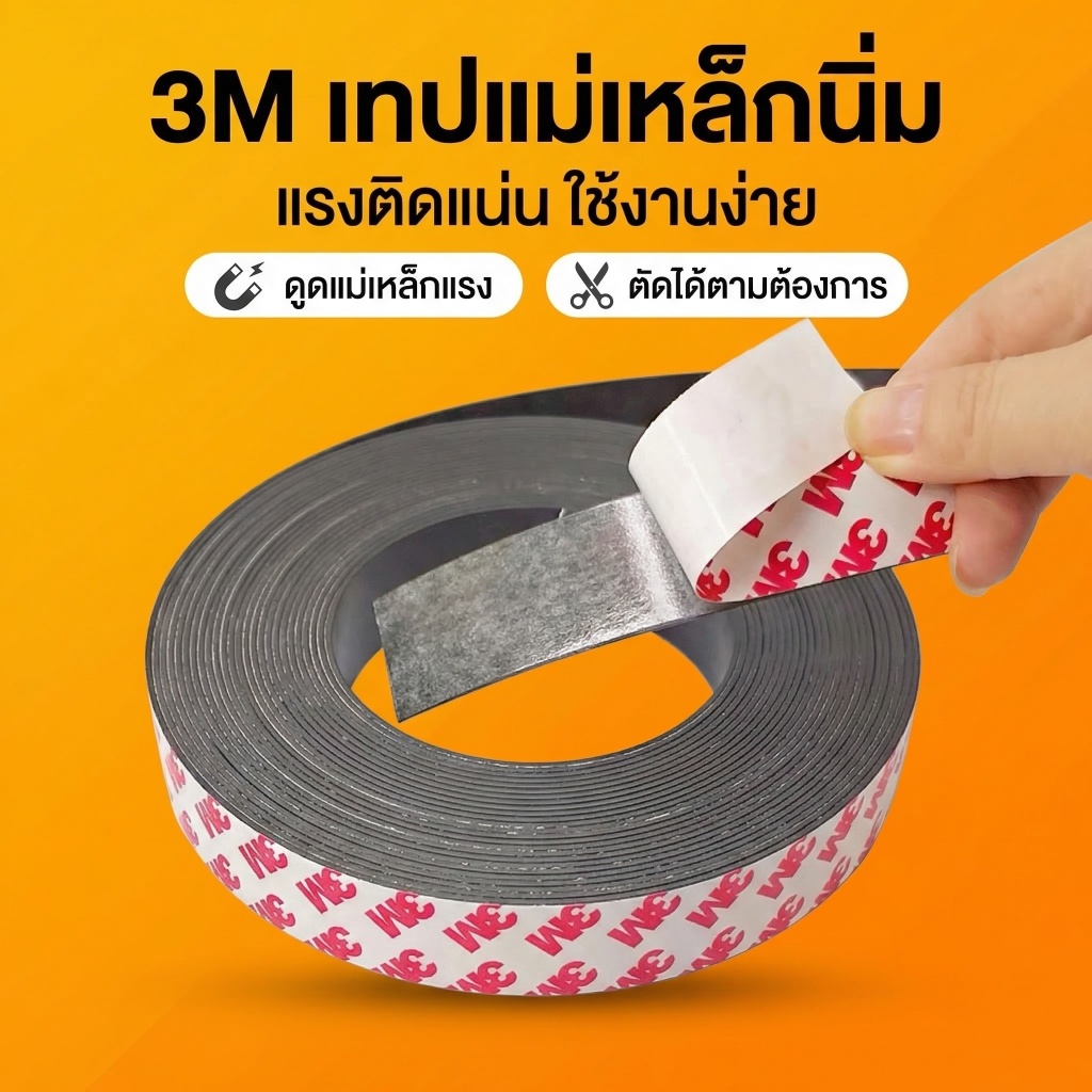 แม่เหล็กเส้นยาง 3M ขนาด 10mm หนา กาวสองหน้า แบบอ่อน แรงยึดเกาะแรง ไม่หลุดลอก