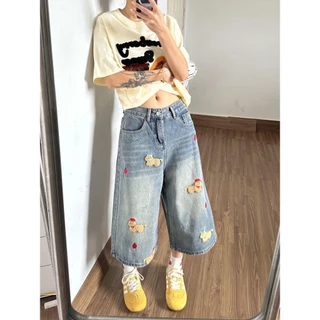 Swan shop (ไชด์S-4XL)กางเกงยีนส์ขากว้างผู้หญิง ลายปักน้องหมาน่ารัก เอวสูง ผ้าเดนิมแฟชั่น