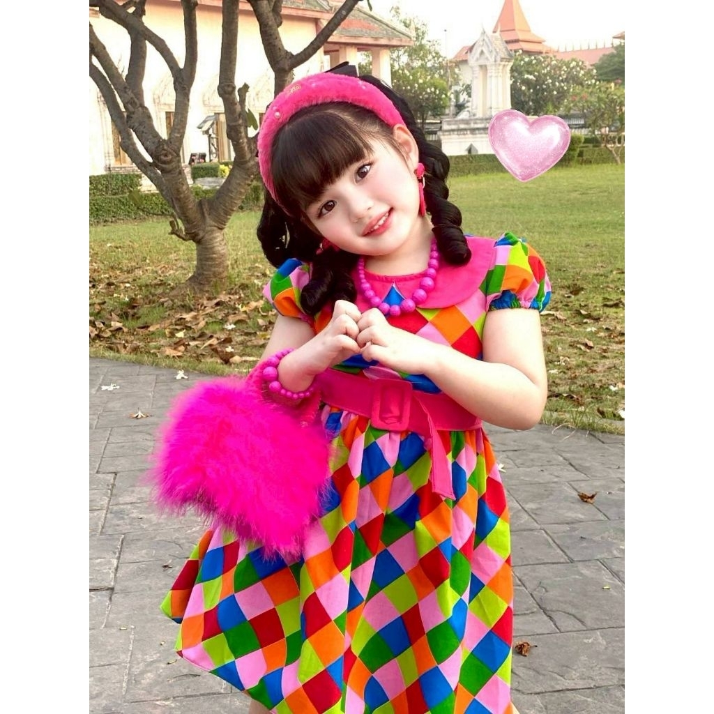 ชุดแหยมเด็ก 🌸🌸 ชุดเดรสแหยม มะร่องก๊องแก๊ง เจ้ย แต่งคอระบาย สีสันสดใส 🌸💮แบบสองแถมเข็มขัดด้วยน๊าา