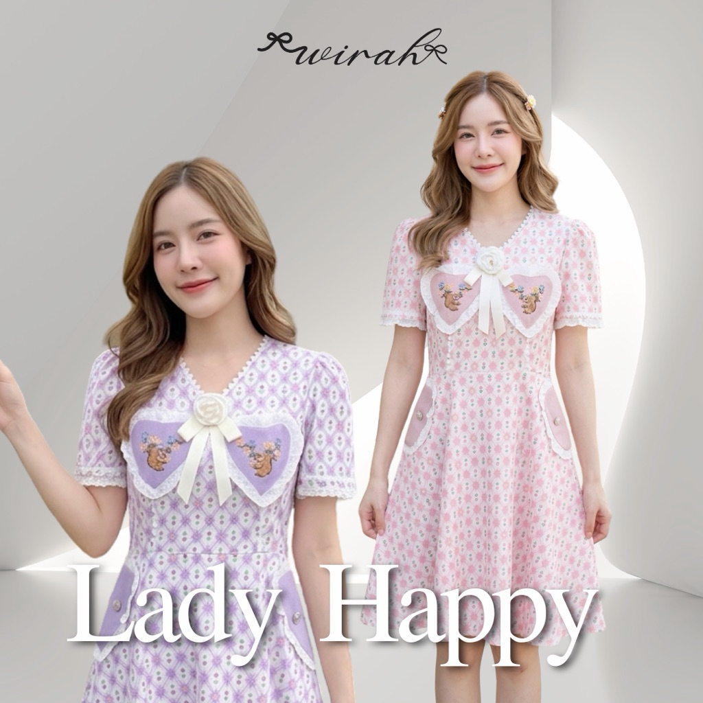 DW321 Lady Happy Dress ชุดเกรสผ้าซาตินพิมพ์ลายสวยๆ ผ้าใส่สบายสุดๆ