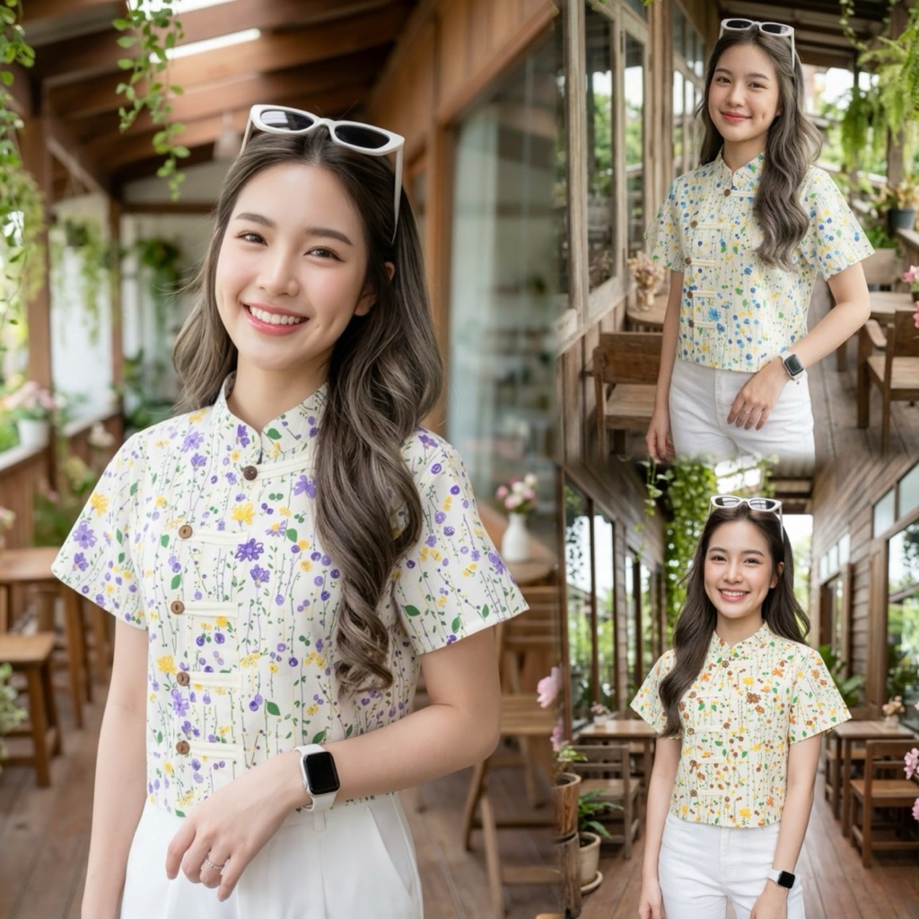 เสื้อพื้นเมืองผู้หญิงคอจีนป้ายหูโชว์ลายดอก