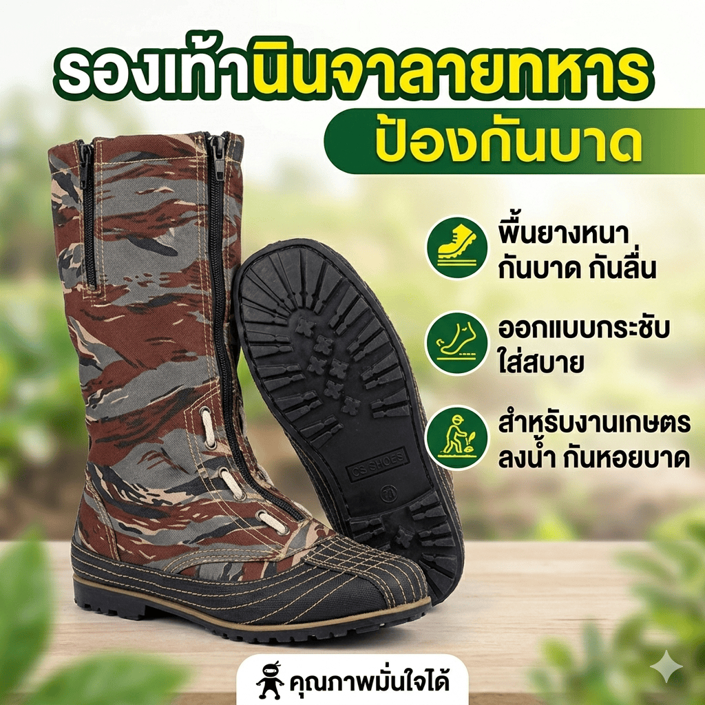 รองเท้านินจาลายทหารพื้นยาง พื้นยางเย็บพื้นแน่น ใส่ทำไร่ ทำสวน ทำนา การเกษตรต่างๆ กันหอยหรือเศษแก้ว กิ่งไม้