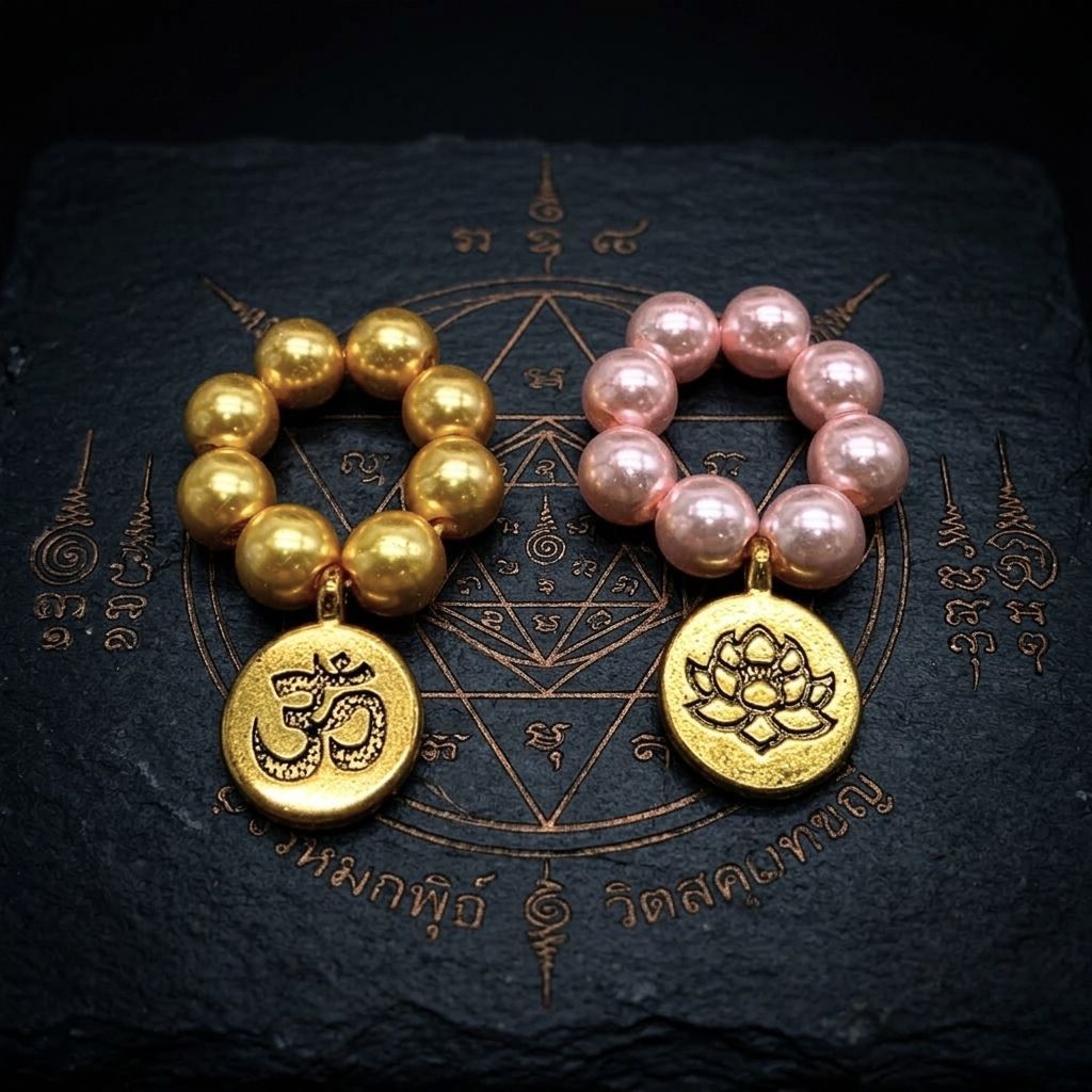 กำไลข้อมือองค์เทพ พระพิฆเนศ ลูกปัดสีมุกมงคลพร้อมจี้ดอกบัวและสัญลักษณ์โอม สำหรับองค์พระ องค์เทพ GOD518