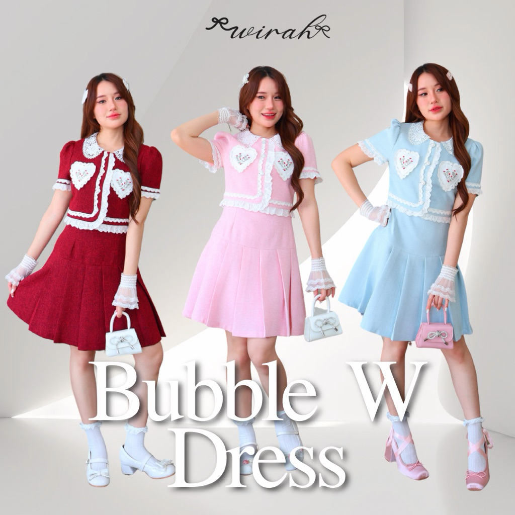 DW336 Bubble W Dress ชุดเดรสสั้นผ้าทวิตทรงสวย กระโปรงพลีทน่ารัก งานปักตรงรูปหัวใจ