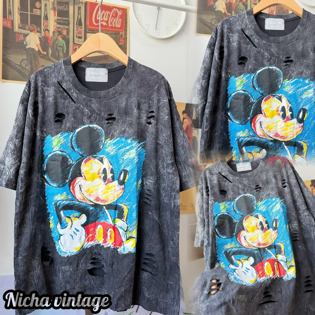 เสื้อผ้าฟอกวินเทจแต่งขาดทรงโอเวอร์ไซส์ รายมิกกีอก46.- น่ารักมากๆ
