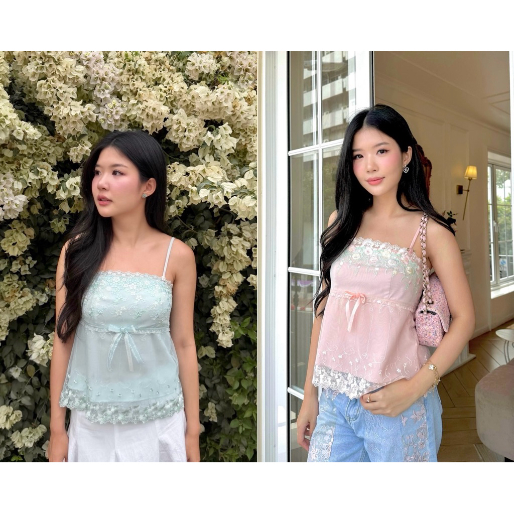 Blair Lace Top เสื้อสายเดี่ยวตกแต่งลูกไม้ (Pink & Baby Blue) พร้อมส่ง
