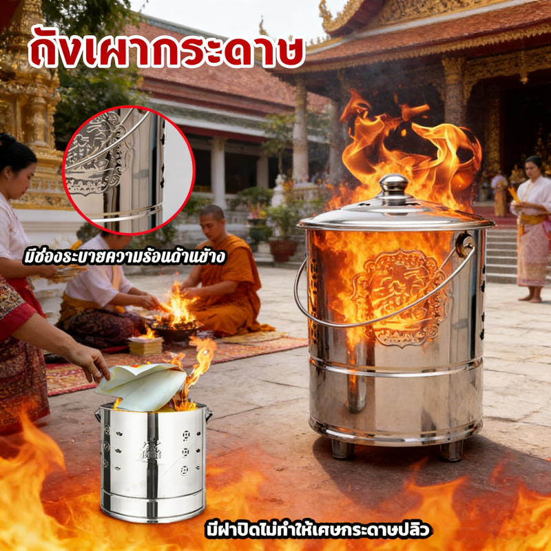 ถังเผากระดาษไหว้เจ้าสแตนเลส เผาเงิน เผากระดาษ ไร้ควัน พร้อมฝาครอบ สำหรับไหว้บรรพบุรุษ