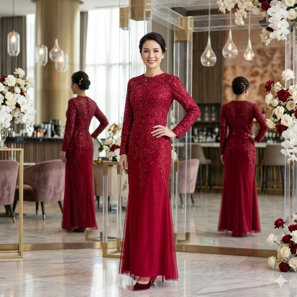 ชุดราตรีแม่เจ้าสาว ชุดแม่เจ้าบ่าวไม่แก่ งานกลางวัน เช้า ตอนกลางคืน สวย หรูหรา สะกดทุกสายตา PFL200-RED