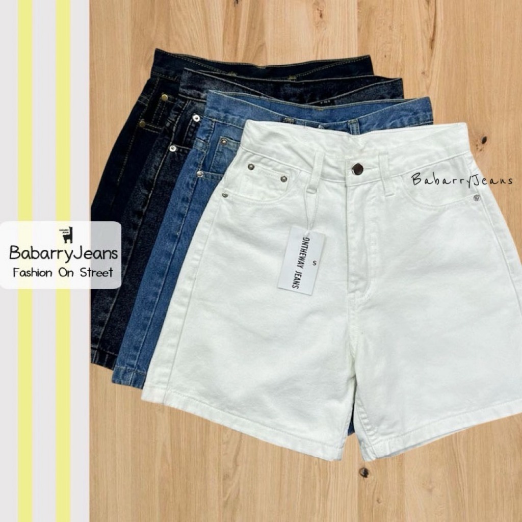 Babarry Basic Style กางเกงยีนส์ ขาสั้น เอวสูง ผ้านุ่มใส่สบาย ยาว 16 นิ้ว O-TW