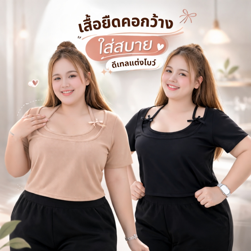 เสื้อยืดผู้หญิง สาวอวบ เสื้อคอกว้าง แขนสั้น ทรงครอป แต่งเชือกผูกคอ ติดโบว์ ผ้าร่อง เนื้อผ้านิ่ม ระบายอากาศได้ดี tb6666#