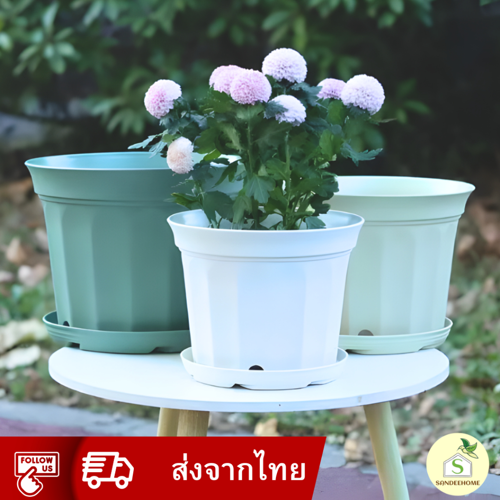 กระถางต้นไม้พลาสติกพร้อมจานรอง ทรงกลม 17ซม/21ซม/26.5ซม   มี2สี