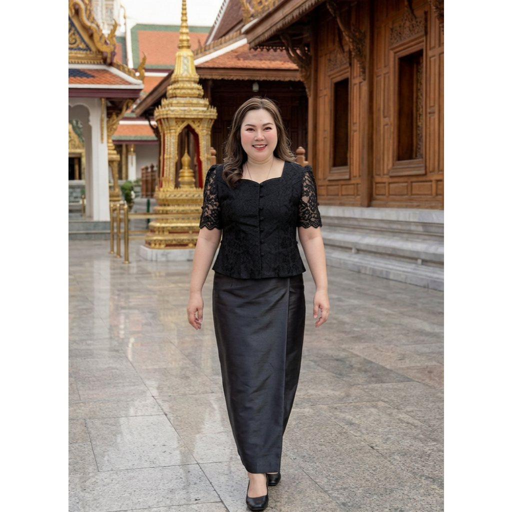 ล39 เสื้อลูกไม้ ทรงคอหัวใจแขนสั้น เอวจีบลูกศร