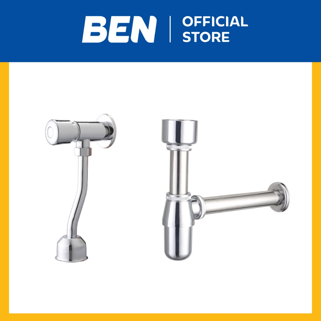 BEN L1211-99-SET วาล์วขับล้างปัสสาวะชาย+ท่อน้ำทิ้งกระปุกและถ้วยปิดโถ แบบกด Delay Time 5 วินาที สแตนเลส 304 สีโครเมียมเงา