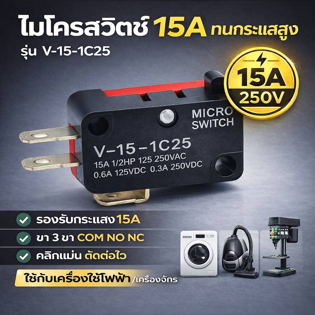 ไมโครสวิตช์ V-15-1C25 15A 250V COM NO NC Micro Switch สวิตช์ลิมิต เครื่องใช้ไฟฟ้า เครื่องจักร อะไหล่สวิตช์