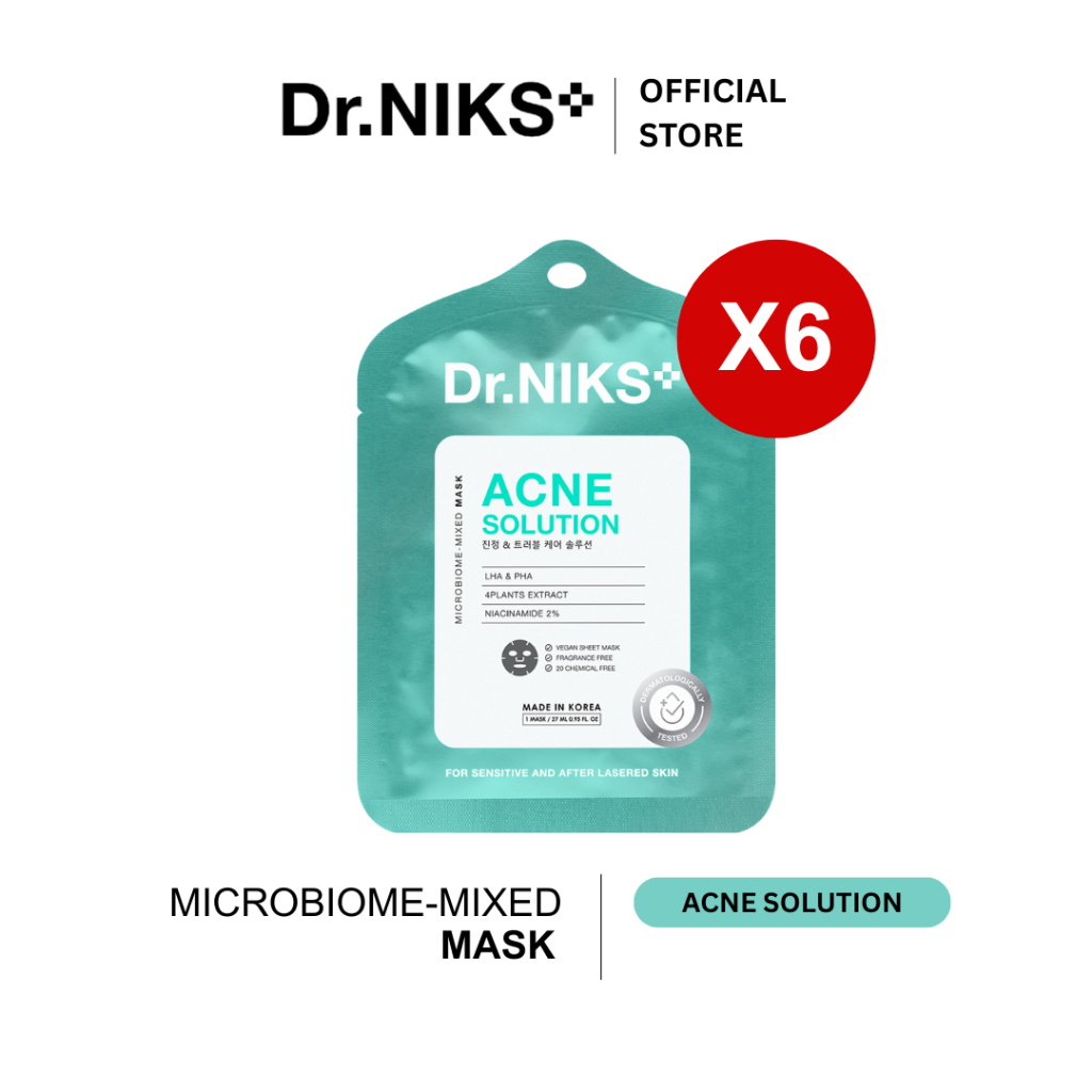 [SET 6 ชิ้น] Dr.NIKS แอคเน่โซลูชั่นไมโครไบโอม-มิกซ์มาสก์ 27ml ดร.นิกส์ สูตรสำหรับผิวเป็นสิว #มาส์กวีแกนคุณหมอ