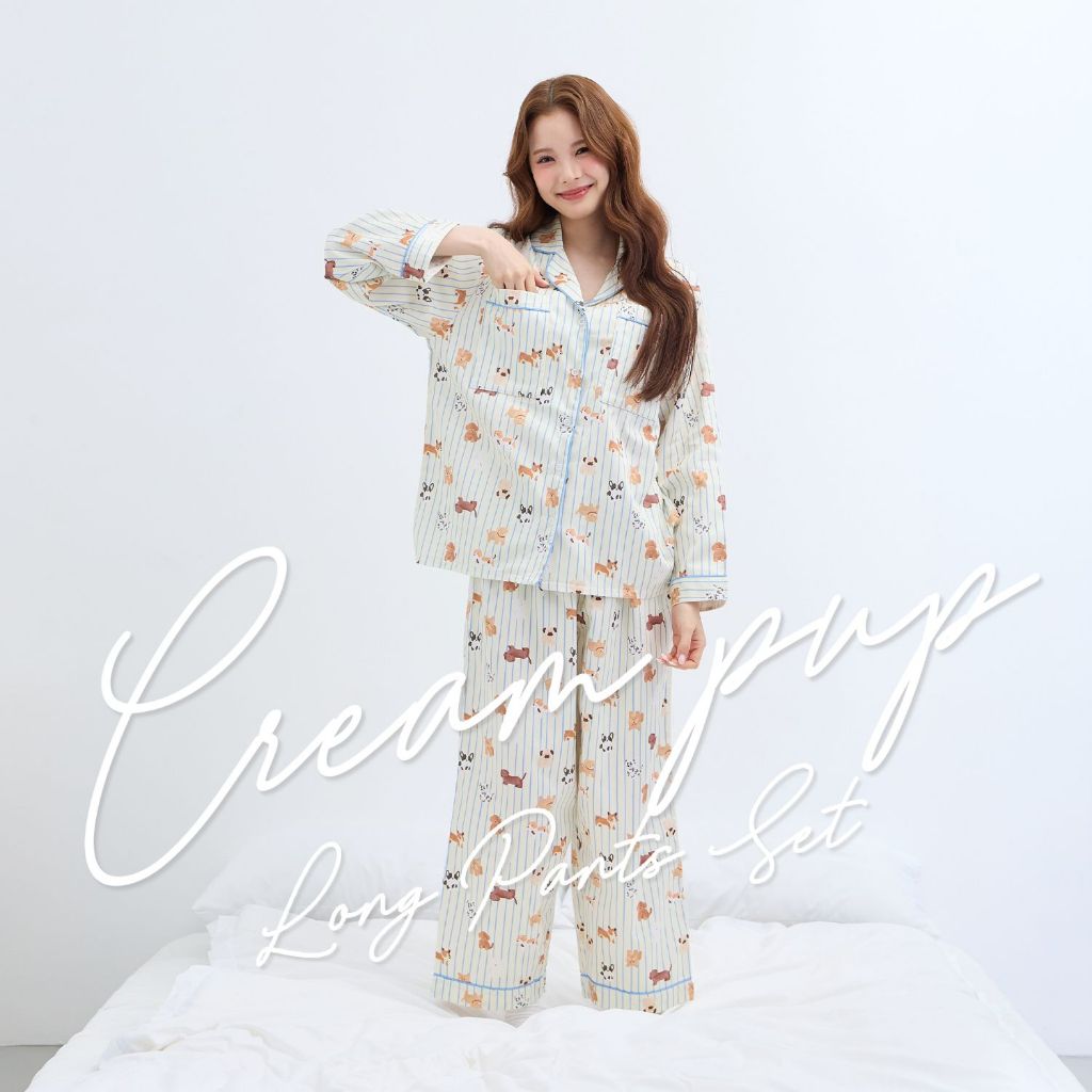 ชุดนอน sliptosleep - Cream Pup Long Pants Set [Thai designer]