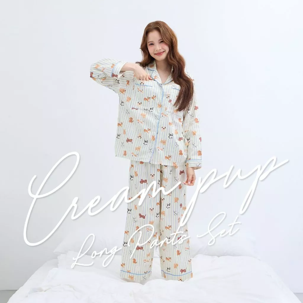ชุดนอน sliptosleep - Cream Pup Long Pants Set [Thai designer]