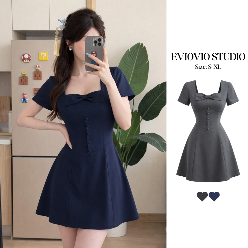 EVIOVIO【S-XXL】☘️ชุดเดรสทำงานผู้หญิง สีเทา คอเหลี่ยม แต่งโบว์ พรางหุ่นได้ดี พร้อมส่ง ชุดไปเที่ยว ชุดไปคาเฟ่ เดรสสาวอวบ🎁