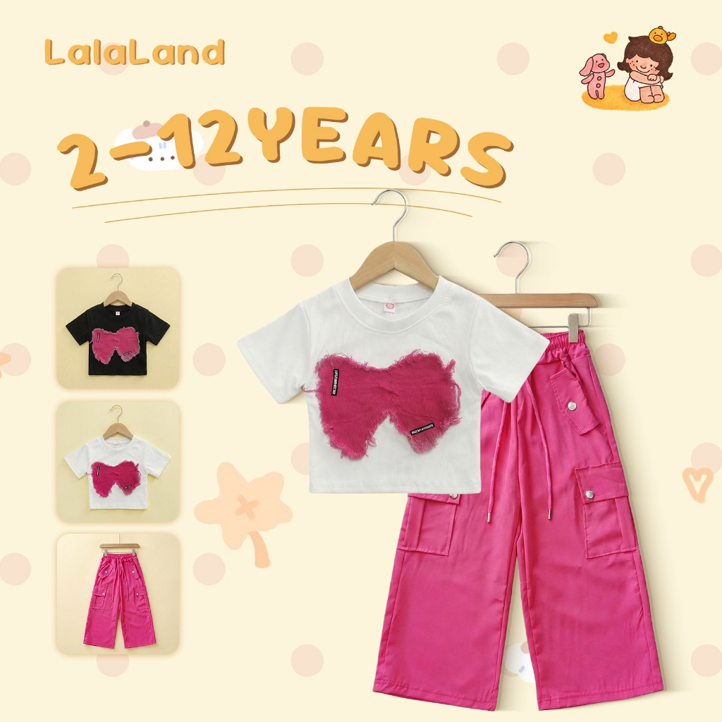 2-16ปี เสื้อยืดคอกลม+กางเกงคาร์โก้สีชมพู สไตล์เกาหลี ประดับด้วยโบว์ เอวยางยืด ชุดเซ็ตแฟชั่นเด็กผู้หญิง