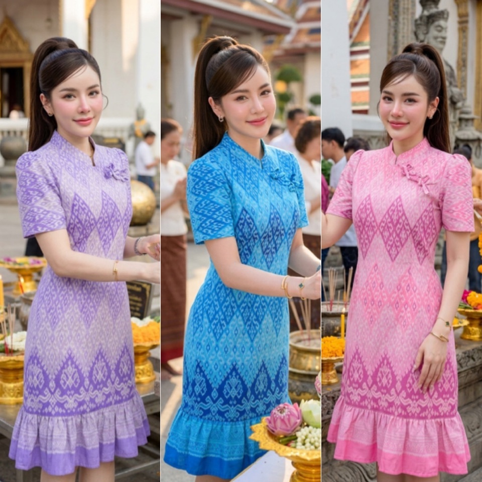 เดรสคอจีนผ้าไทย เดรสผ้าไทยผู้หญิงใส่ทำงาน ใส่ออกงาน งานบุญ งานบวช ทรงสวยมากค่ะ