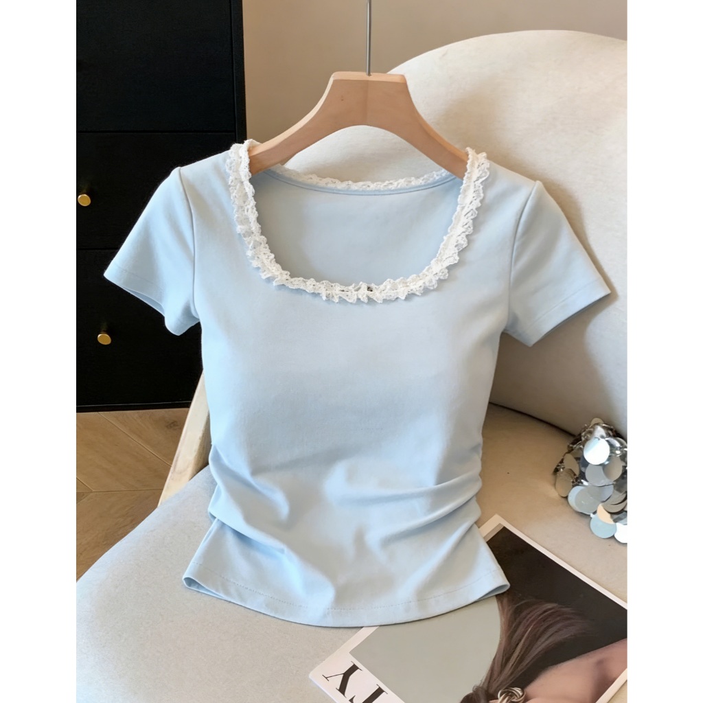 เสื้อยืดสีชมพูลูกไม้คอสแควร์สไตล์เกาหลี M-3XL ผ้าคอตตอนคุณภาพดี ใส่สบายไม่ร้อน เหมาะใส่ทุกวัน