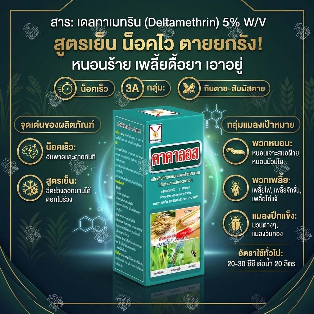 คาคาลอส 1ลิตร สารเดลทาเมทริน 5% W/V สูตรเย็น น็อคหนอนทันใจ กำจัดเพลี้ย ยกรัง ยากำจัดแมลง พ่นดอกได้