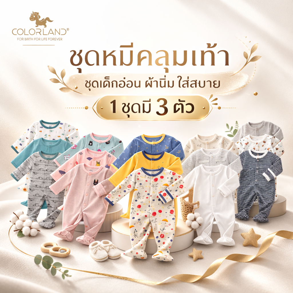 Colorland VA-FR001 ชุดหมีคลุมเท้า รอมเปอร์ ชุดนอนเด็ก ชุดเด็กแรกเกิด ชุดเด็กอ่อน ผ้านิ่ม ใส่สบาย 1 ชุดมี 3 ตัว (Set 1)