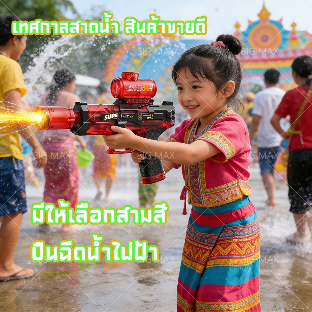 ปืนฉีดน้ำไฟฟ้าสำหรับเด็ก ของเล่นเทศกาลสงกรานต์ ฉีดน้ำได้ต่อเนื่อง มีไฟ LED ขณะยิง เติมน้ำง่าย ชาร์จไฟผ่าน USB