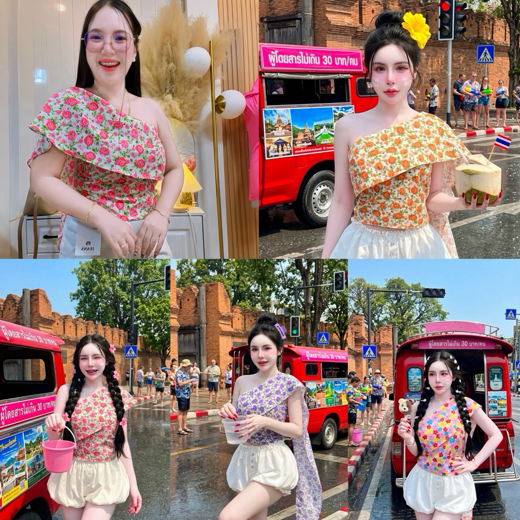 เสื้อสไบลายสวยเก๋ ใส่สงกรานต์ ผ้าไหมอิตาลี สม็อคหลัง ผ้าเบาใส่เย็นสบาย