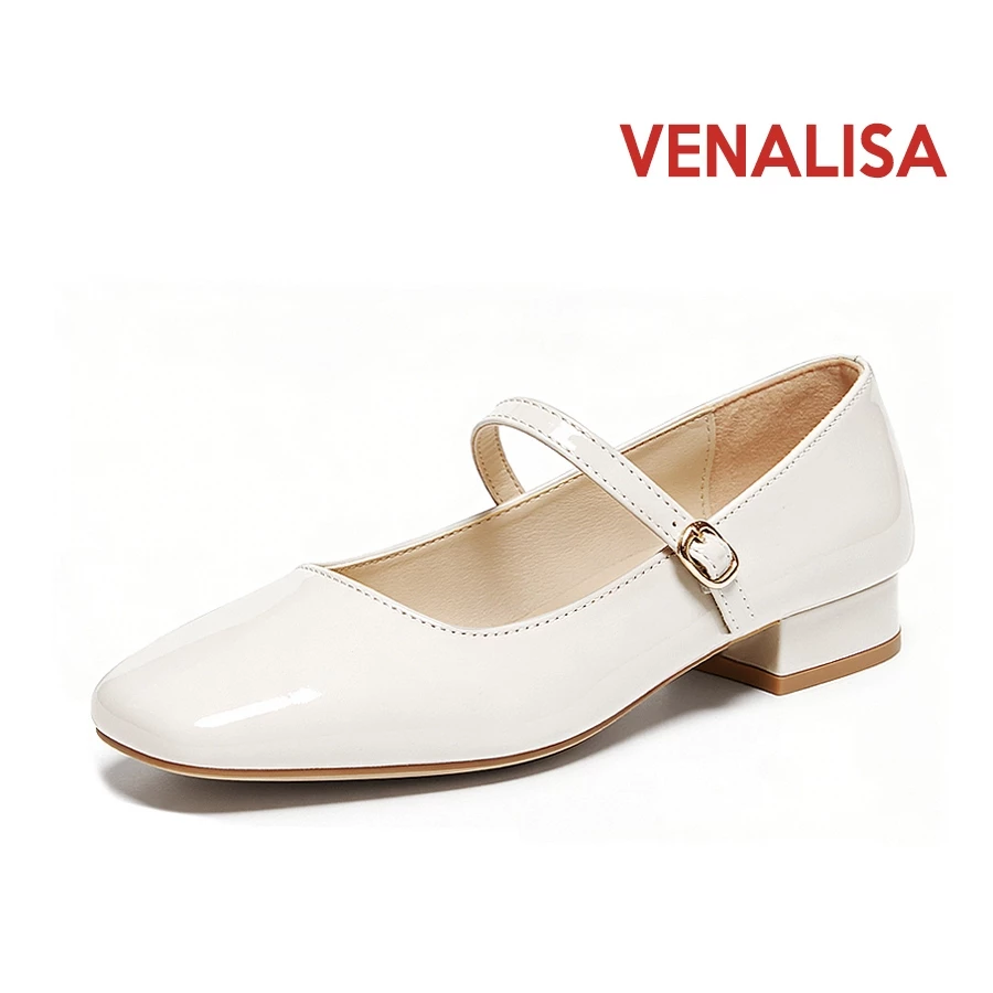 Venalisa แฟชั่น รองเท้าส้นสูงผู้หญิง แมรี่เจน Mary Jane ย้อนยุคฝรั่งเศส ส้นเตี้ย หัวเหลี่ยม หนังแท้