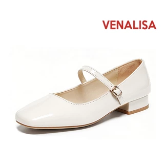Venalisa แฟชั่น รองเท้าส้นสูงผู้หญิง แมรี่เจน Mary Jane ย้อนยุคฝรั่งเศส ส้นเตี้ย หัวเหลี่ยม หนังแท้