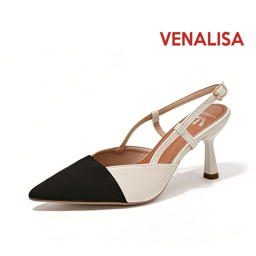 Venalisa รองเท้าส้นสูงแฟชั่น กระบวนการต่อสาย สักหลาด หนัง 3.1 นิ้ว งานออฟฟิศ งานแต่งงาน งานสังสรรค์