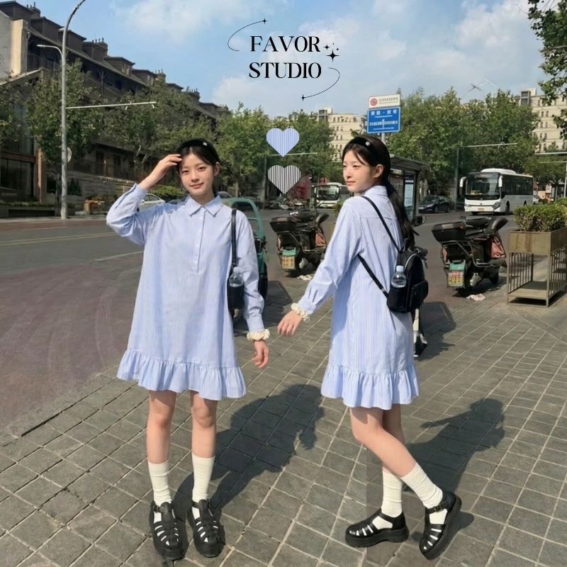 【S-5X】👜ชุดเดรสเชิ้ตแขนยาวลายทาง ดีไซน์เรียบง่าย มีสไตล์ด้วยปลายระบายพริ้ว ทรงปล่อยใส่สบาย ชุดใส่ทำงาน ชุดสาวอวบ พร้อมส่ง