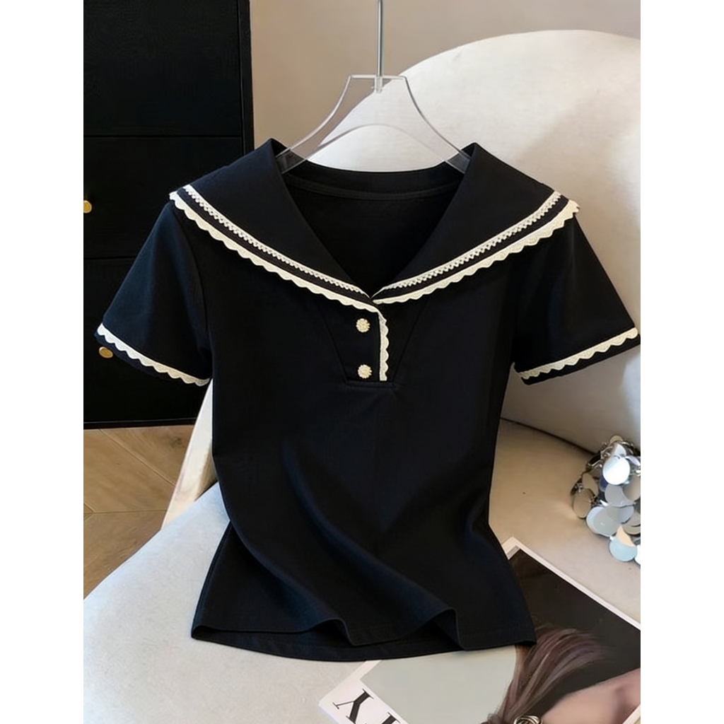 เสื้อยืดทรงหลวม มีไซส์ใหญ่ตั้งแต่ M ถึง 3XL คอปกกะลาสี ทรงเข้ารูป สวมใส่ได้หลากหลายสไตล์ สไตล์เกาหลี ดูอ่อนเยาว์ มีให้เล