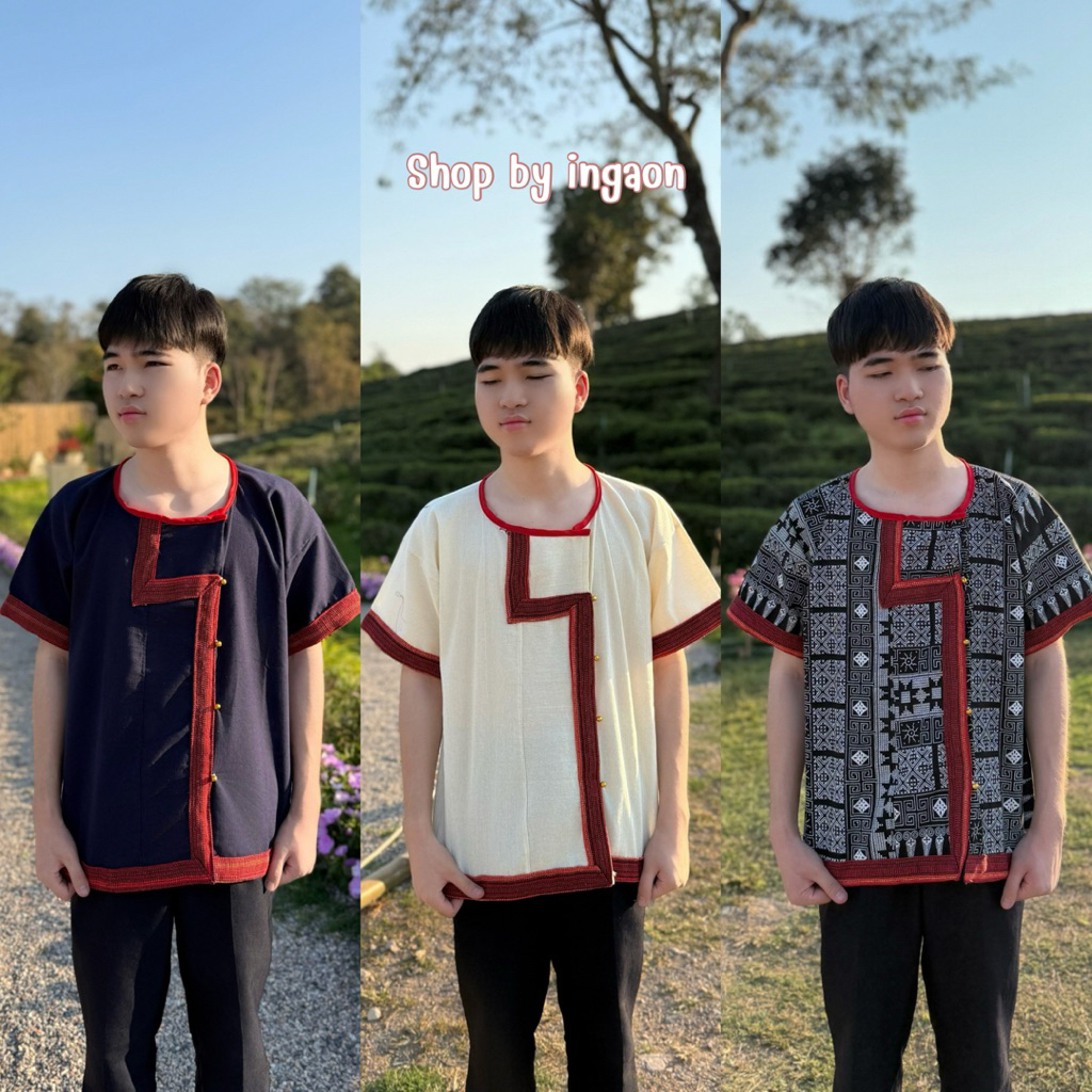 เสื้อดอยผู้ชาย(รุ่นเเต่งเเถบผ้าทอ)มีไซส์S-10XL เสื้อพื้นเมืองผู้ชาย ผ้าฝ้าย