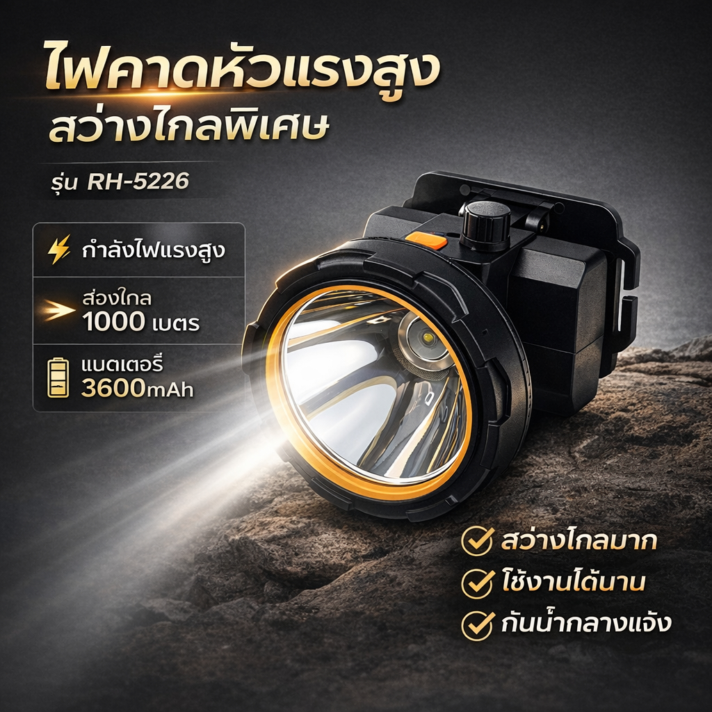 ไฟฉายคาดหัว LED 30000W ชาร์จ Type-C กันฝน RH-5226
