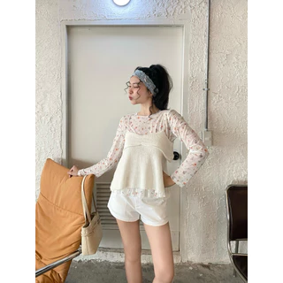 -𝐂𝐡𝐢𝐯𝐚- | เซ็ต 2 ชิ้น เสื้อสายเดี่ยวไหมพรม+เสื้อแขนยาวซีทรูชายระบาย