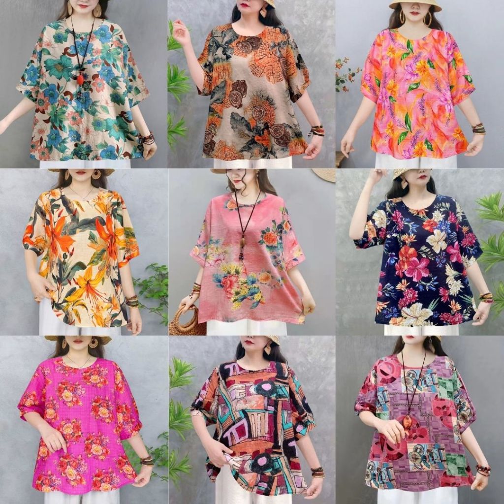 เสื้อผู้หญิงแขนสั้นคอกลม พิมลายดอก ผ้าฝ้ายไม่ยืด (อก 50 นิ้ว) ผ้าบางเบาใส่สบาย เหมาะกับอากาศร้อน  C1