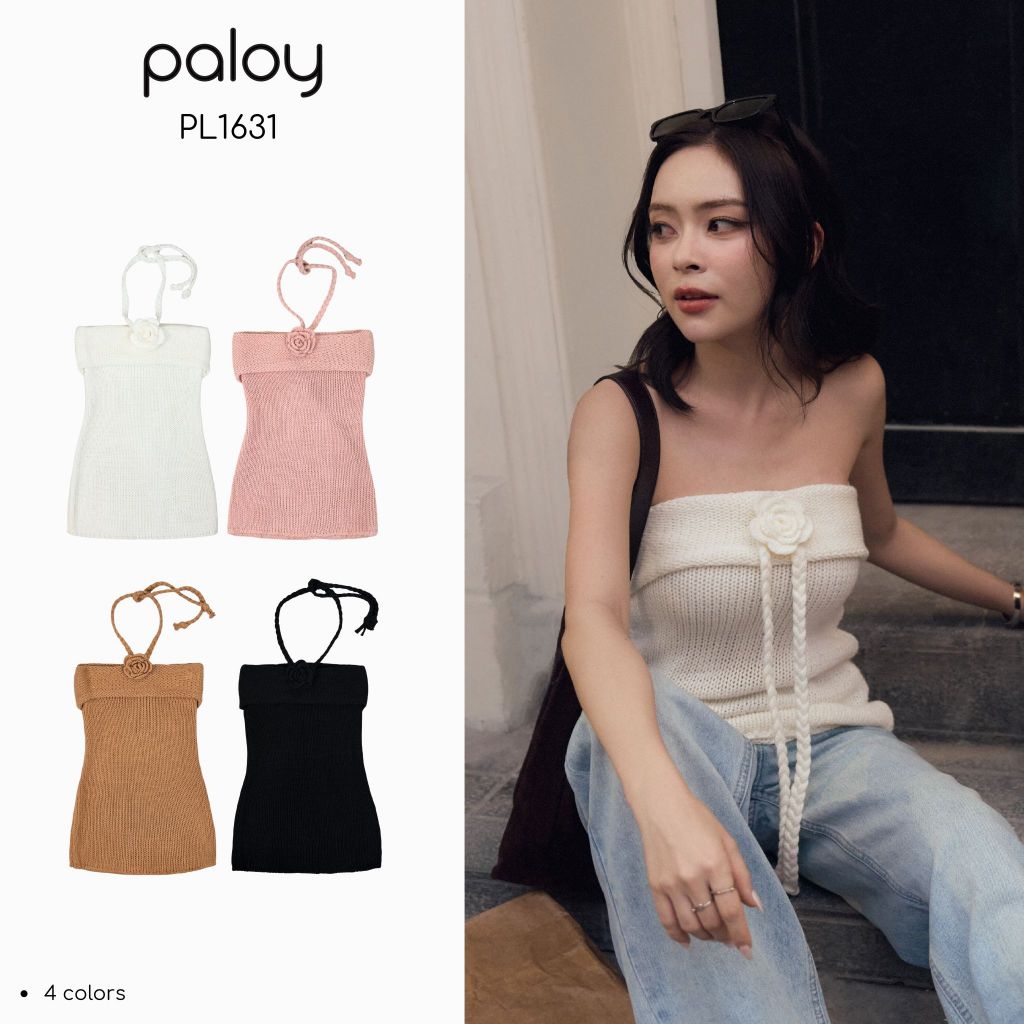 Paloy - PL1631 เสื้อเกาะอกไหมพรม มีสายคล้องคอแต่งดอกไม้