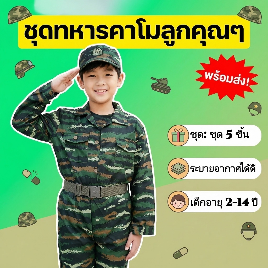 ชุดทหารเด็ก ชุดอาชีพในฝัน ครบเซ็ตอุปกรณ์ พร้อมหมวกเข็มขัดถุงมือเข็มขัด-ใส่สบาย ระบายอากาศ ครบเซ็ต สำหรับเด็กชาย-เด็กหญิง