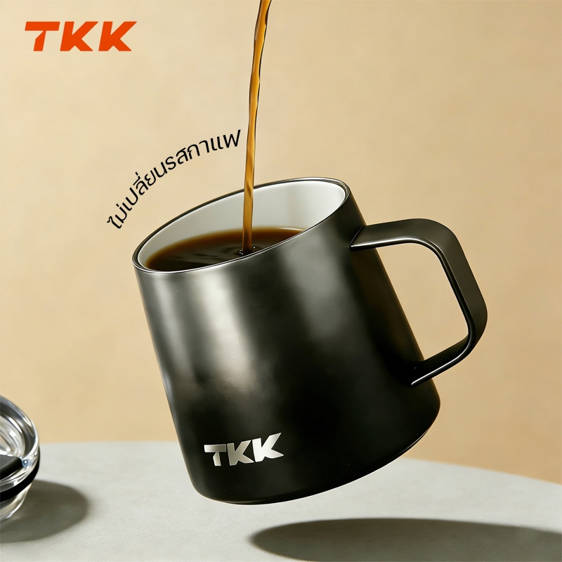 TKK แก้วกาแฟ สแตนเลส 316 เคลือบเซรามิก ขนาด 350ml พร้อมฝาปิดกันรั่ว แก้วน้ำเก็บความเย็น Mug Tumbler