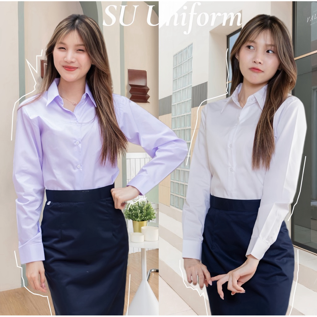 เสื้อนักศึกษาแขนยาวหญิง เข้ารูป ยาวหญิงหลังว่าง สีขาวนวล/ขาวโอโม่ Sz.S32-48 เสื้อนักศึกษา