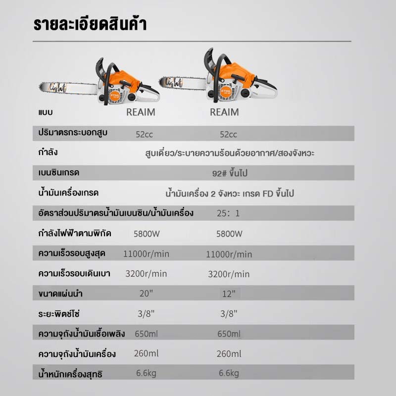 REAIM เลื่อยยนต์ / เลื่อยโซ่ บาร์ 20นิ้ว รุ่น คุณภาพของเยอรมัน เลื่อยโซ่ยนต์ ( Chain Saw ) รับประกัน 5 ปี รูปที่ 7