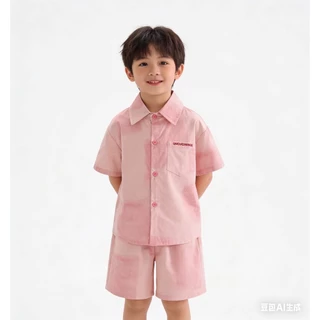 MC212 ชุดเด็กสีชมพู เสื้อเชิ้ต + กางเกงขาสั้น น่ารัก ใส่สบาย ระบายอากาศได้ดี